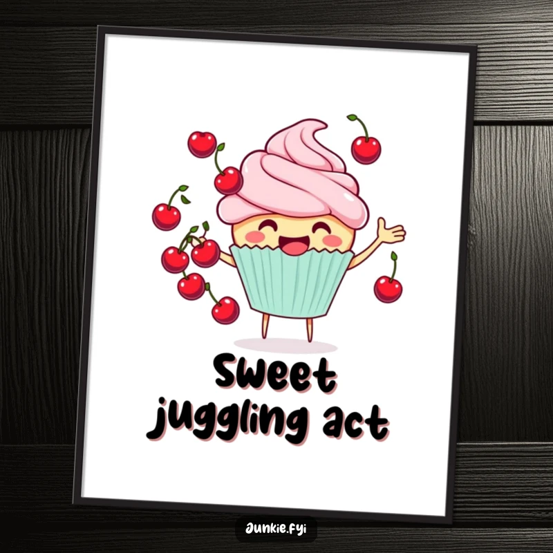 Funny cheerful cupcake digital art print juggling cherries, instant download for a touch of sweetness.