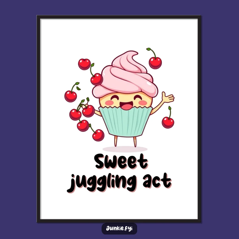 Funny Cupcake Juggler Digital Print - Cheerful Cherry Art, Instant Funny Gift Download