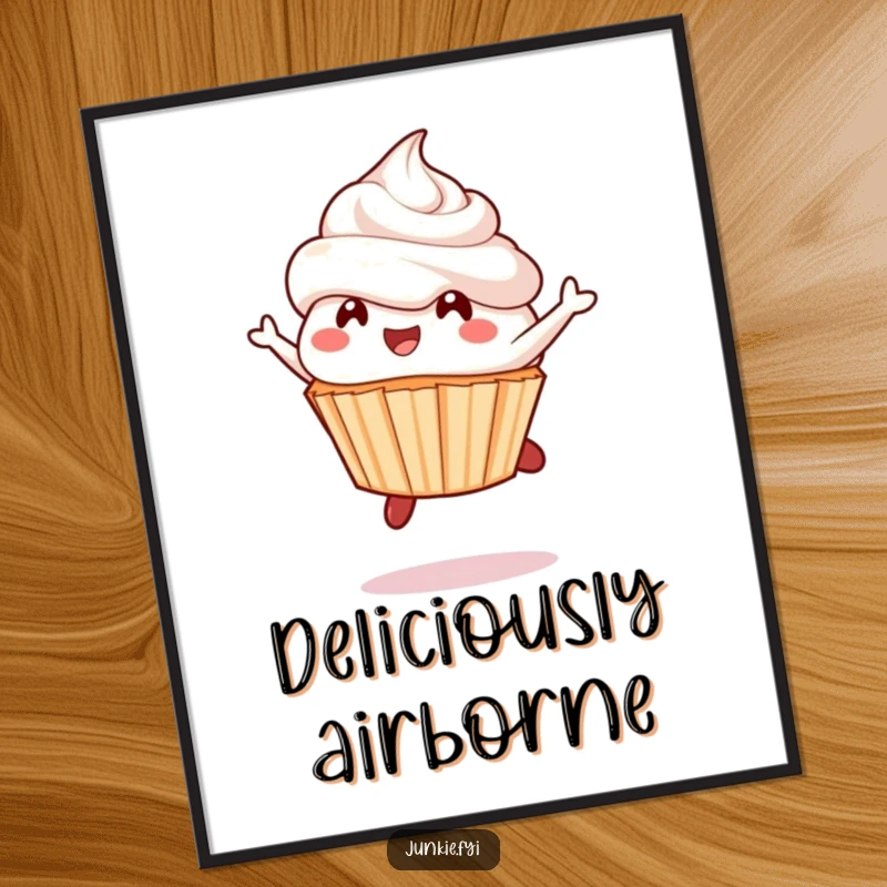 Funny cupcake digital art, a delighted character mid-leap with frosting flying, sweet and joyful printable.