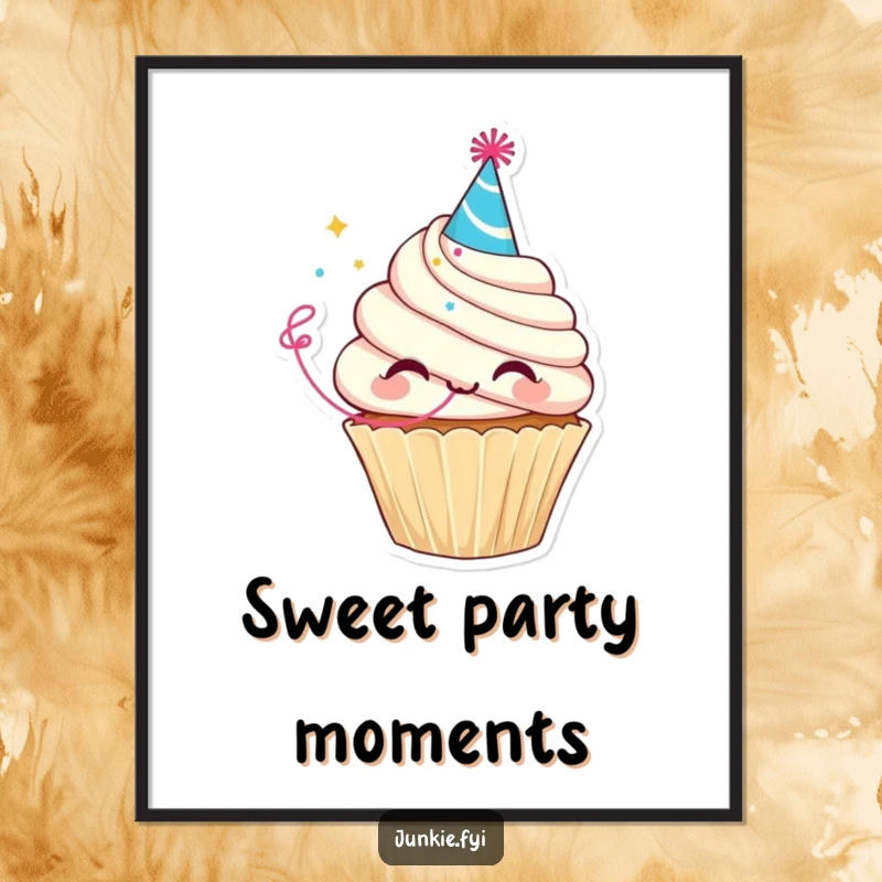 Funny digital art print of a delighted cupcake character wearing a party hat and blowing a streamer, perfect for instant download and festive decor.