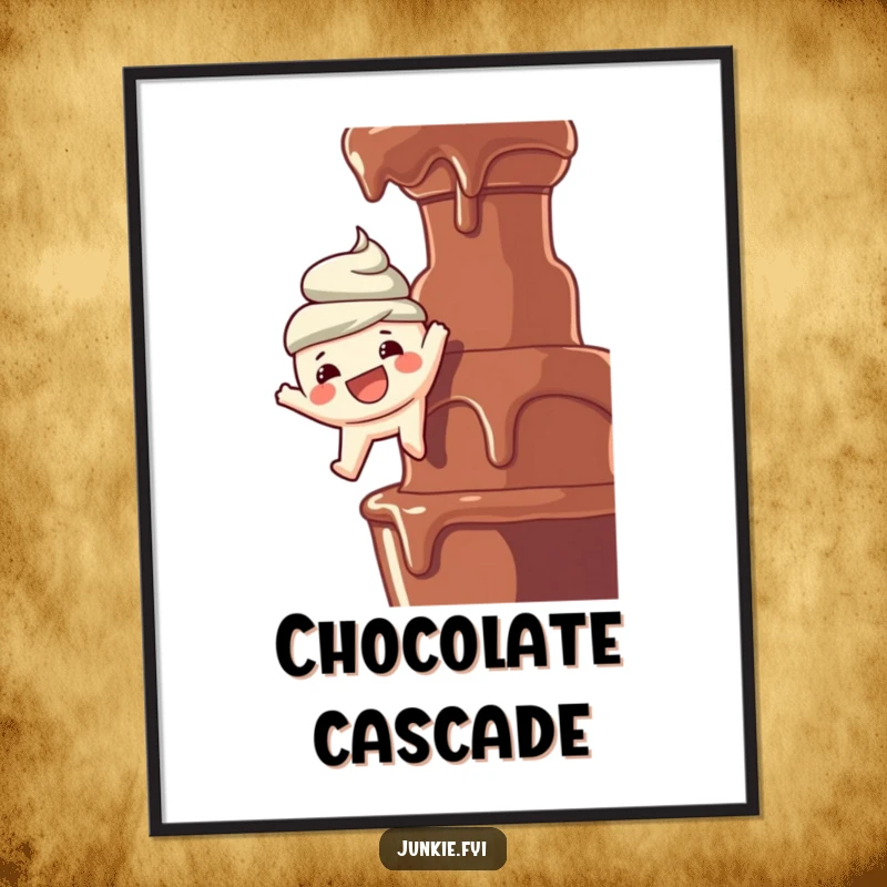 Funny digital art print: A happy food character with a wide smile dangles over a decadent chocolate fountain, full of sweet anticipation.