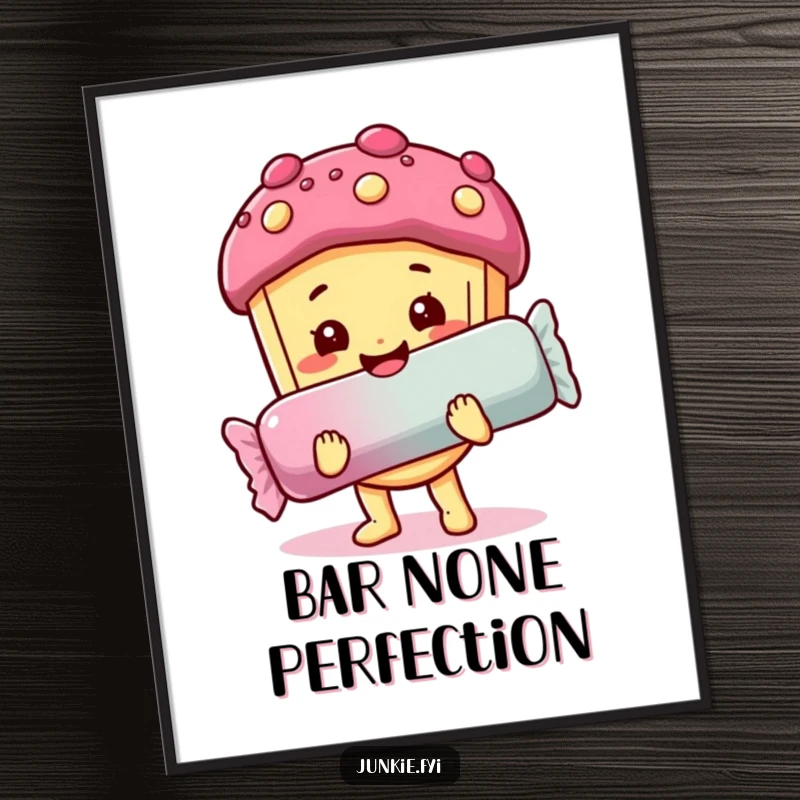 Funny digital art print: A happy food character with a sweet smile holds a giant candy bar, radiating pure happiness.