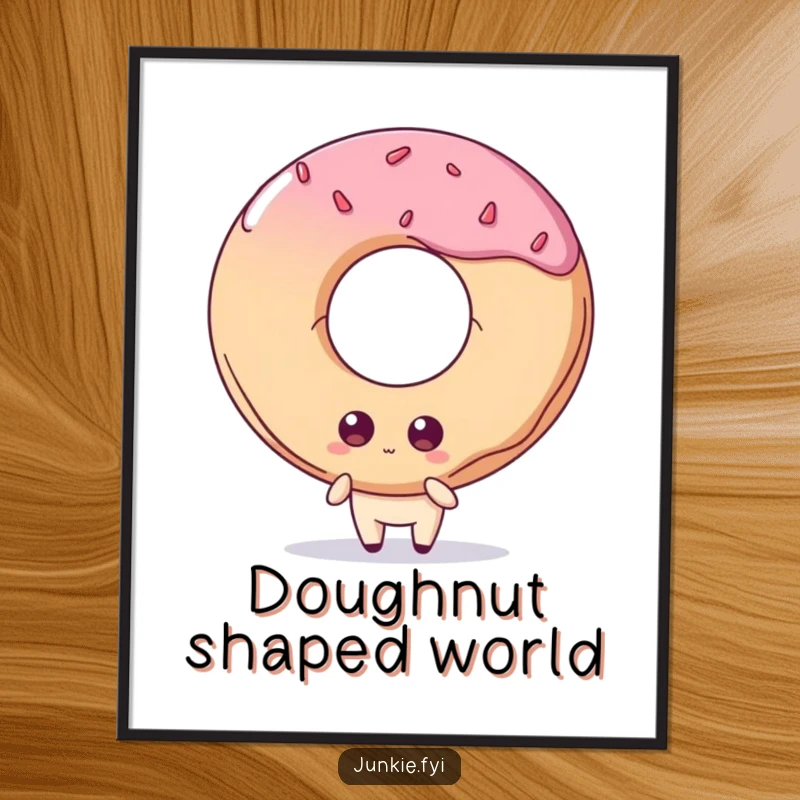 Funny digital art print: A quirky food character with big eyes stares longingly at a massive doughnut, embodying sweet desire.