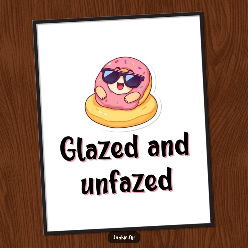 Funny Digital Art Print of a delighted donut in sunglasses lounging on a giant chip, ready to bring cool, snack-themed humor to any wall.