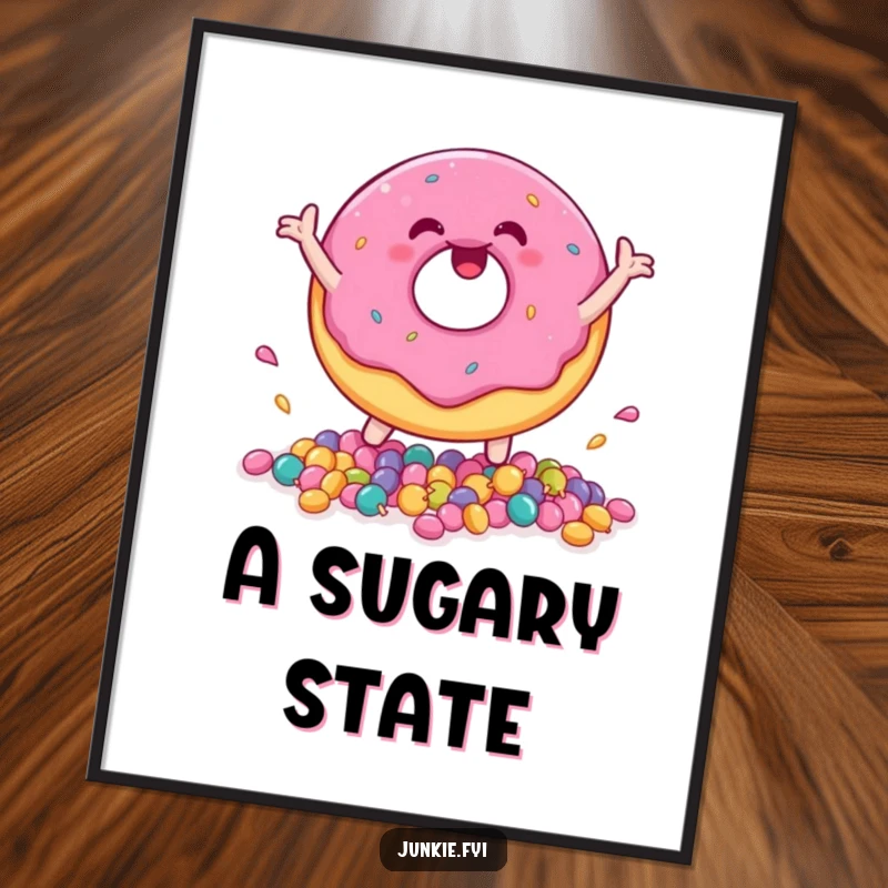 Funny donut character happily bouncing small candies, available as a downloadable art print for sweet humor.
