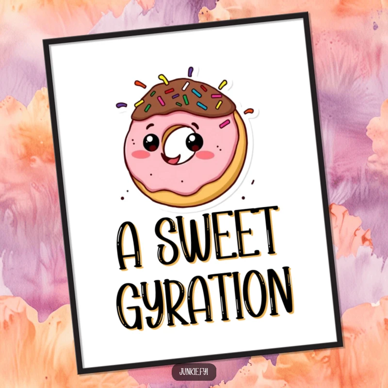 Funny donut character with sprinkle hair spinning rapidly in a digital art print, conveying vibrant energy and joy.