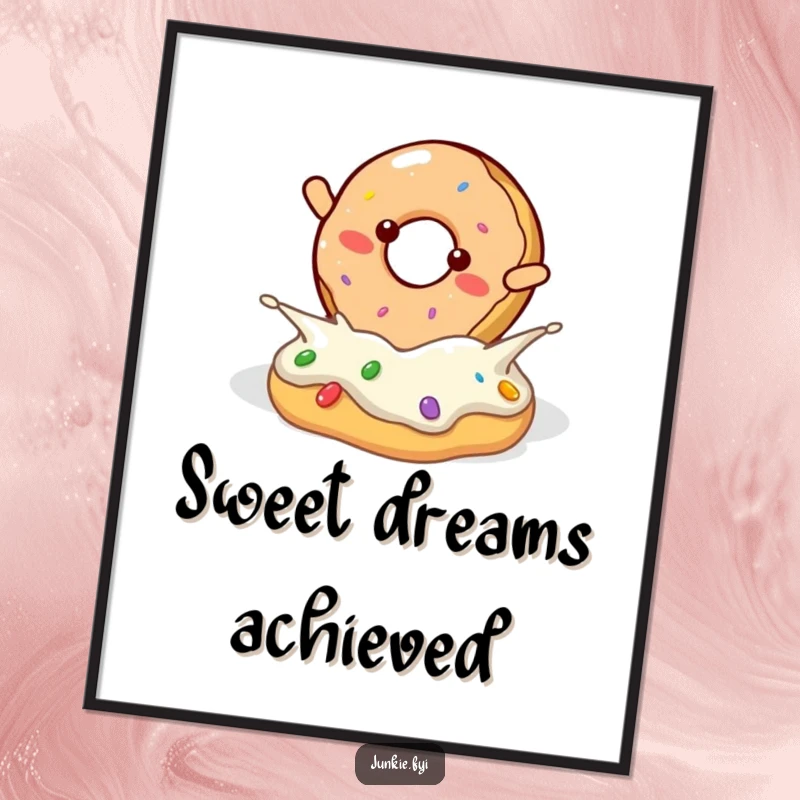 Funny cheerful donut character doing a joyful flip into frosting, as a digital art print.