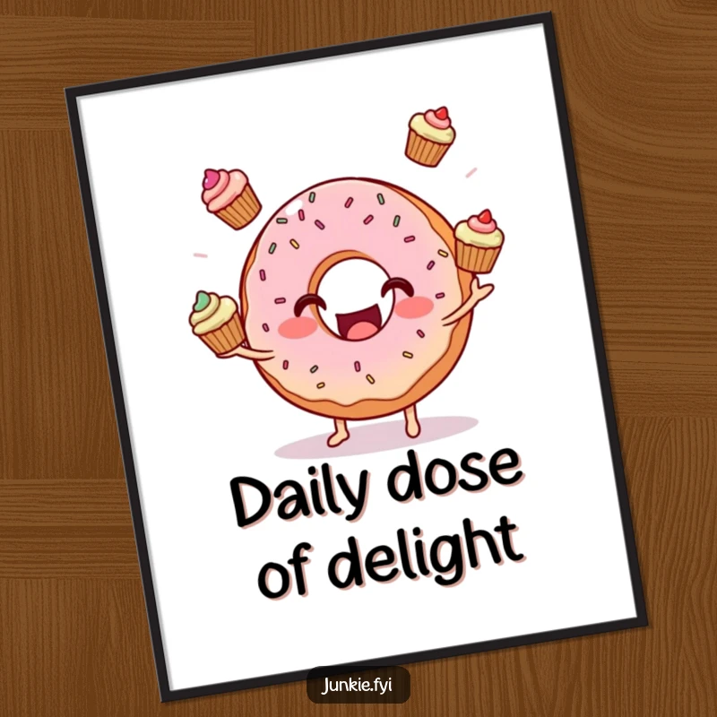 Funny donut character with sprinkles juggling three mini cupcakes, available as a high-resolution digital art print for home decor.
