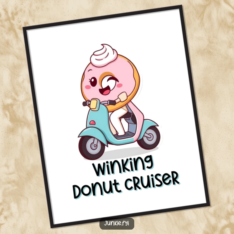 Funny Digital Art Print of a playful donut with frosting winking while on a tiny scooter, bringing whimsical fun to any decor.