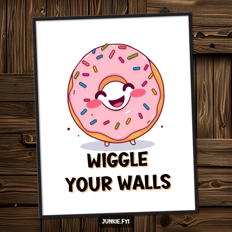 Funny donut digital art print, sprinkles raining down, character performing a happy wiggle, sweet downloadable joy.