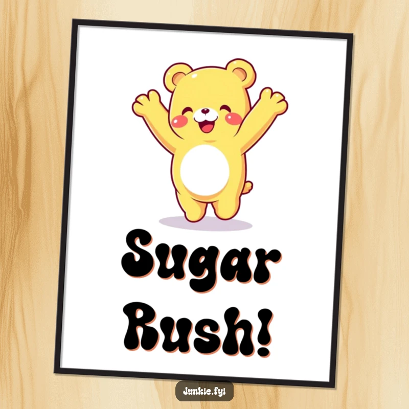 Funny gummy bear digital art, a happy character doing a cartwheel with a delighted expression, vibrant and joyful printable.