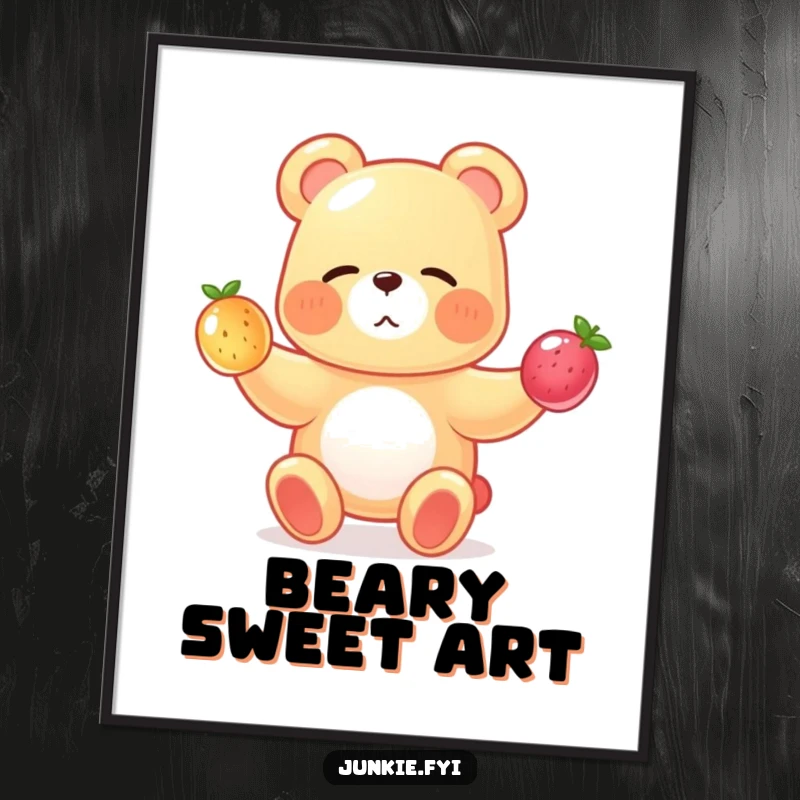 A winking gummy bear juggles tiny, translucent fruits, depicted as vibrant, funny digital art.