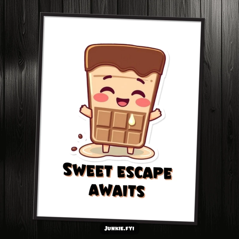 Funny digital art print: a happy chocolate bar character melting slightly from intense excitement. Instant humorous decor.