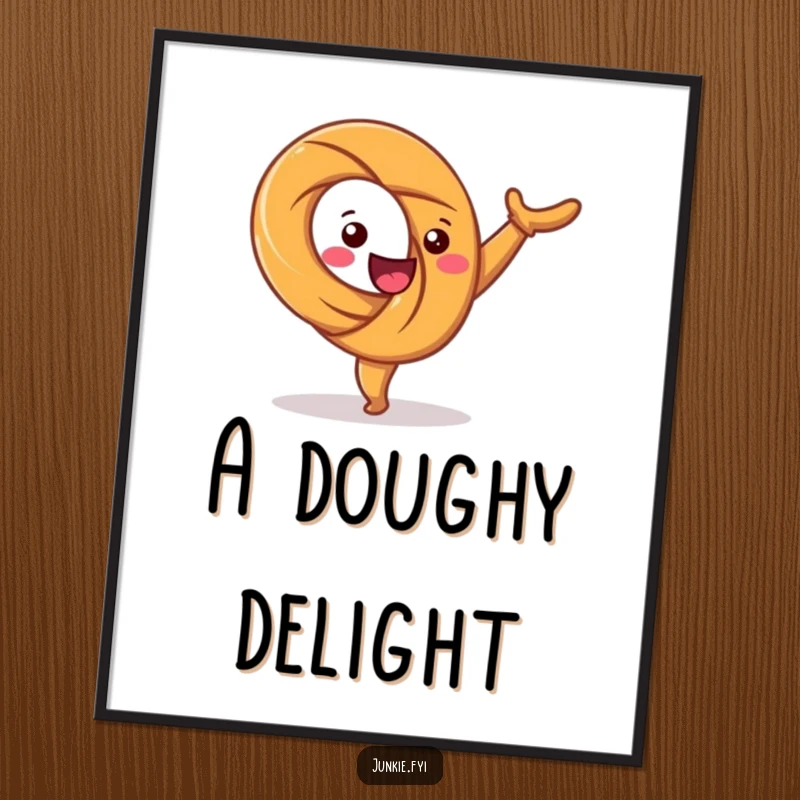 Funny digital art print of a happy pretzel character twisting joyfully in a cartwheel. High-quality, energetic, and amusing.