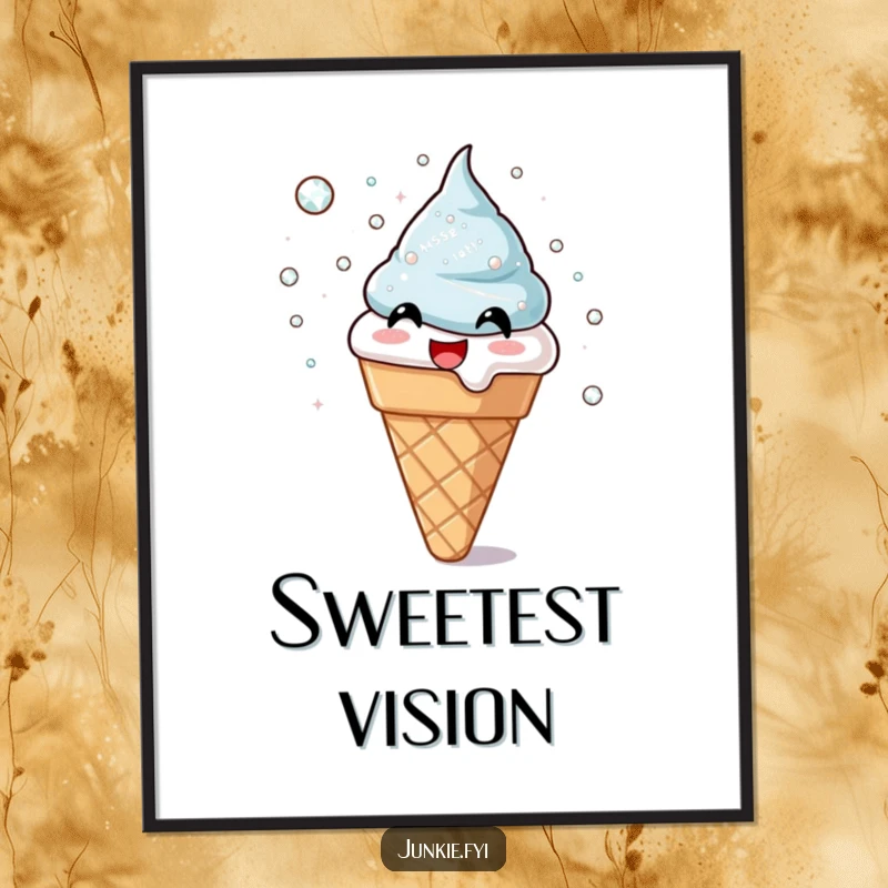 Funny digital art print of a joyful ice cream cone throwing shimmering sugar crystals. Instant download for sweet and happy decor, perfect funny gift.