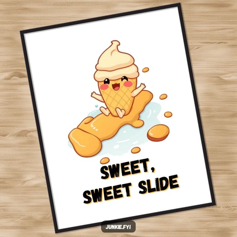 Funny ice cream cone character gleefully sliding down a caramel river, available as a downloadable art print for humor.