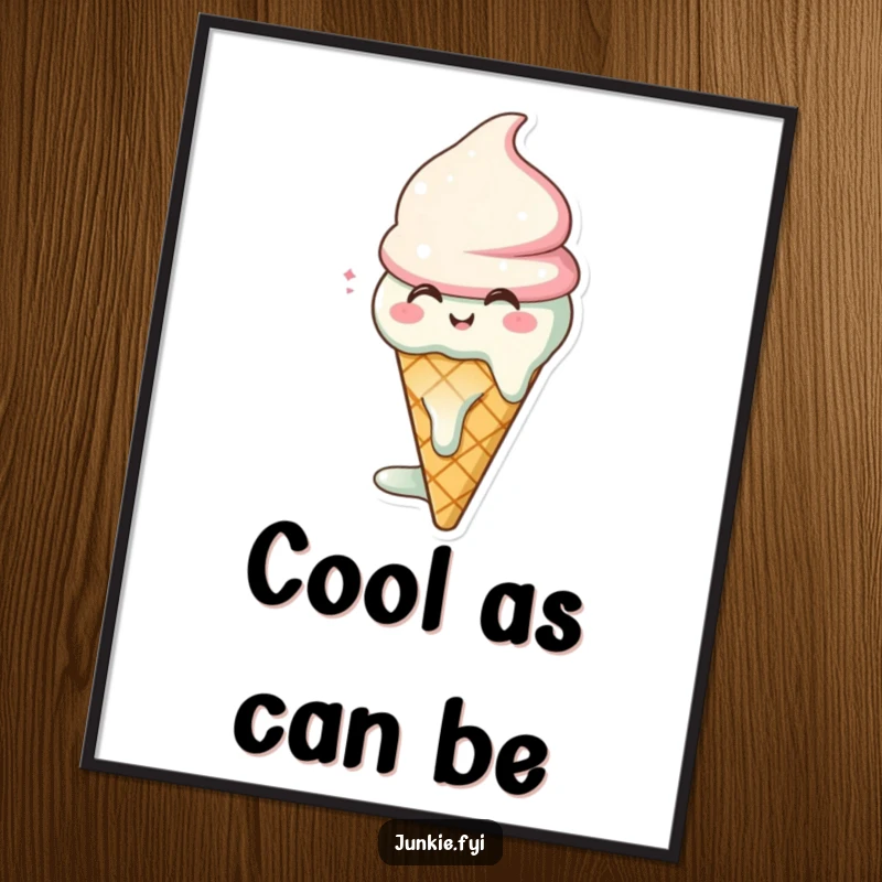 Funny ice cream cone digital art print, melting with a happy sigh, sweet and humorous decor.