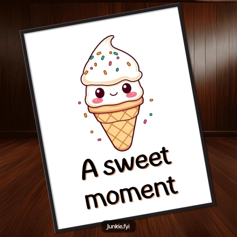 Funny digital art print: a contented ice cream cone character enjoying a rain of colorful sprinkles. Instant humorous decor.