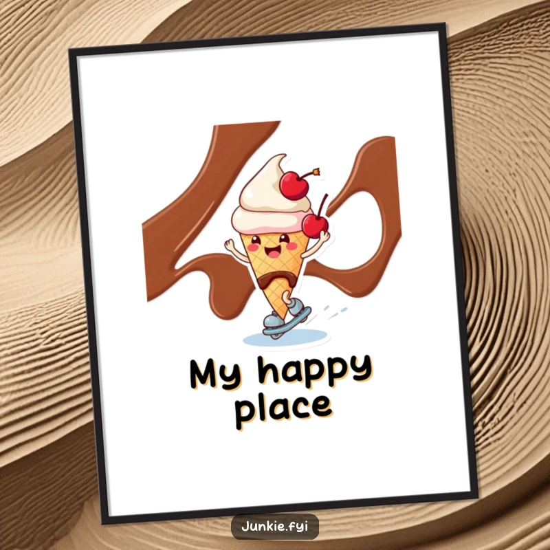 Funny ice cream cone character with a cherry, skating on chocolate syrup, available as a digital art print.