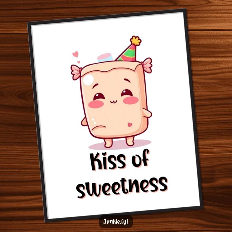 Funny Kawaii Candy Kiss Digital Art Print: A giggling anthropomorphic candy bar in a party hat blows a kiss, a fun and funny digital artwork.
