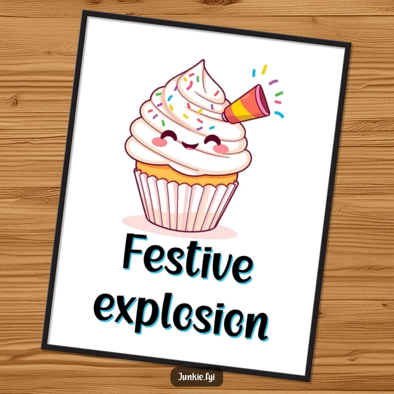 Funny Kawaii cupcake blowing a stream of colorful sprinkles from a tiny party horn, high-res digital art.