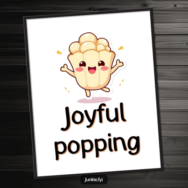 Funny Kawaii Popcorn Digital Art Print: A cute anthropomorphic popcorn kernel bounces with infectious excitement, a fun and funny digital artwork.