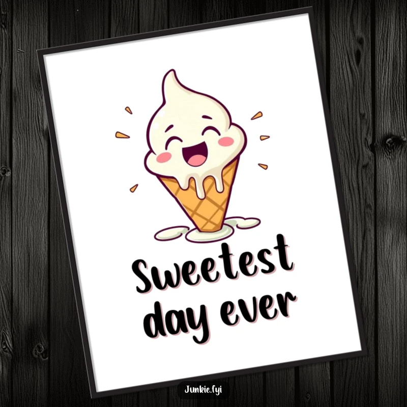 Funny Digital Art Print of a melting ice cream cone character expressing extreme happy glee, ready to bring sweetness to any wall.