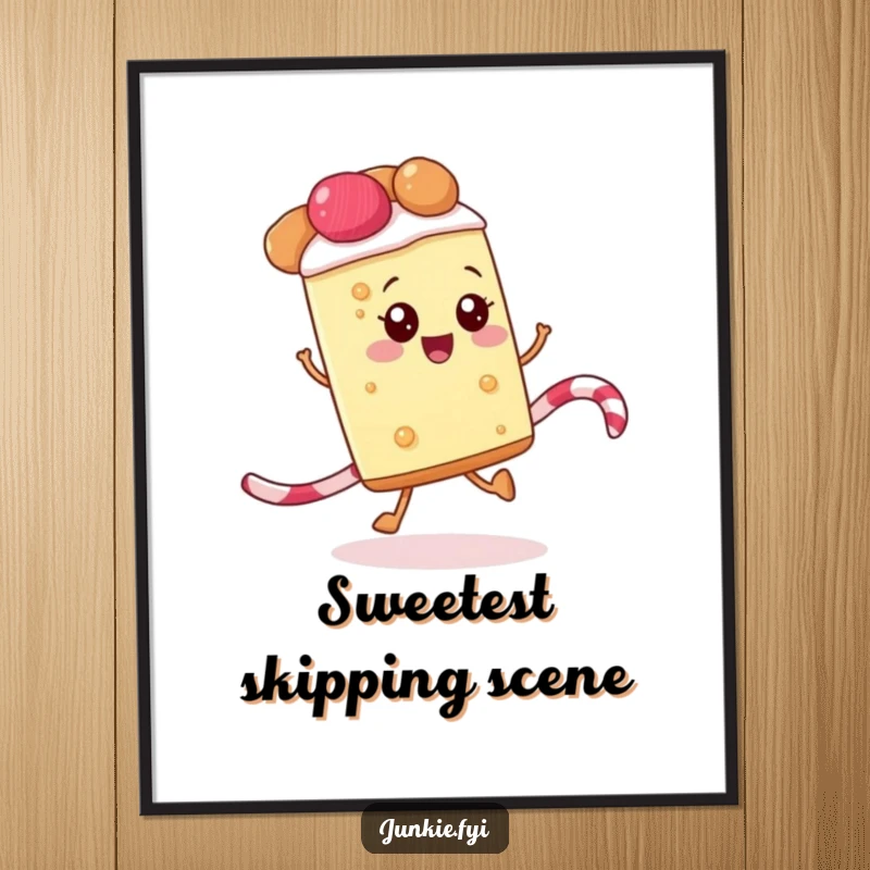 Funny digital art print of a happy slice of pie skipping along a licorice rope, a charming piece of sweet, playful art.