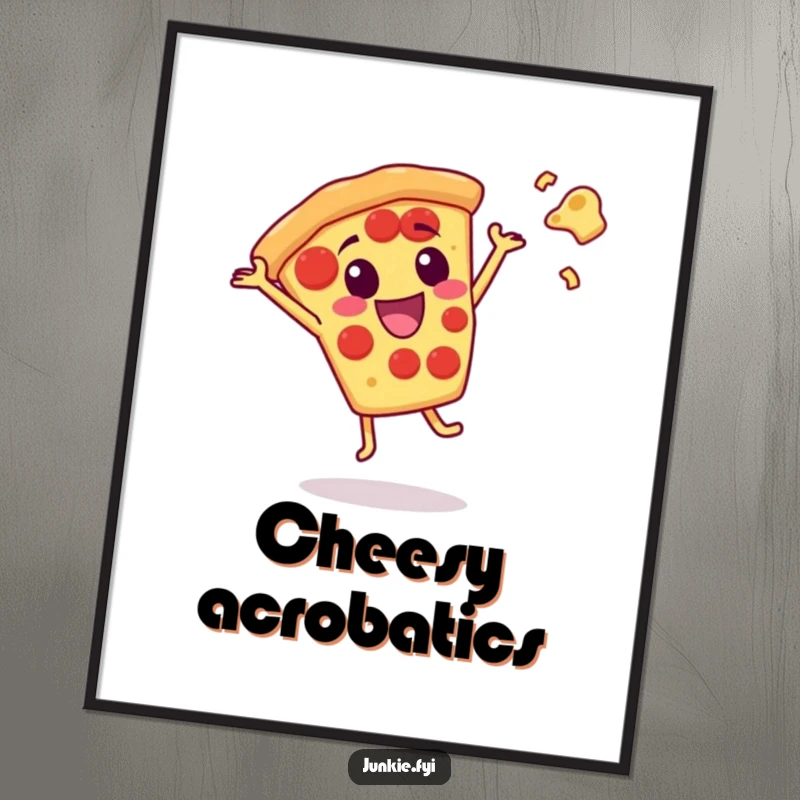 Funny pizza slice character doing a cartwheel with flying cheese, available as a downloadable art print for humor.
