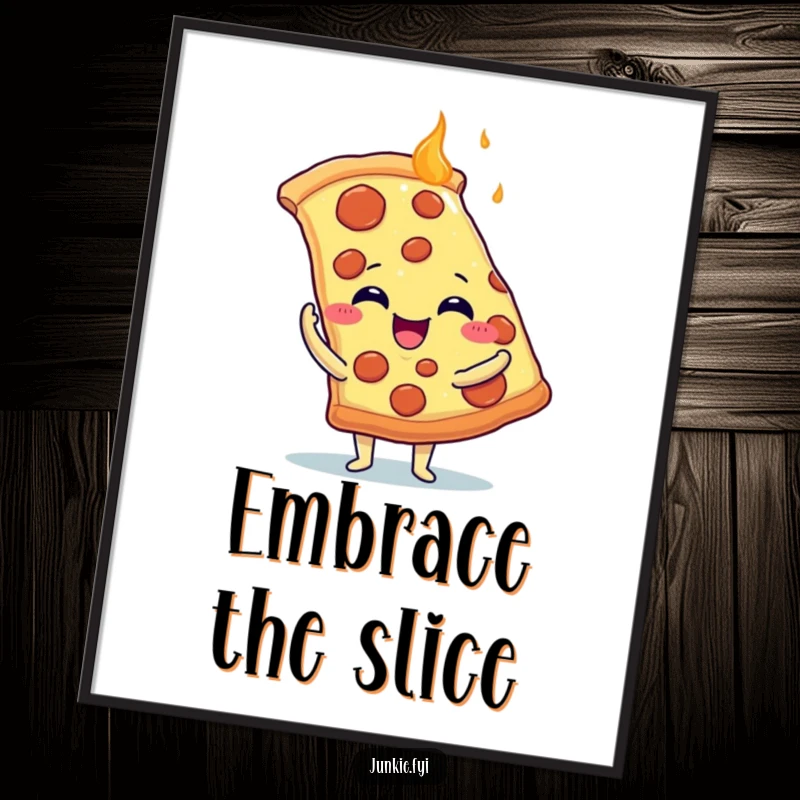 Funny Digital Art Print: A delighted food character with tiny arms lovingly hugs a giant, steaming slice of pizza.