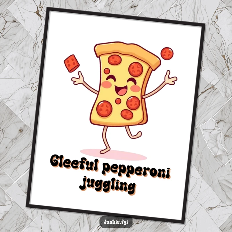Funny Digital Art Print of a cheerful pizza slice with legs gleefully juggling pepperonis, bringing animated fun to any decor.