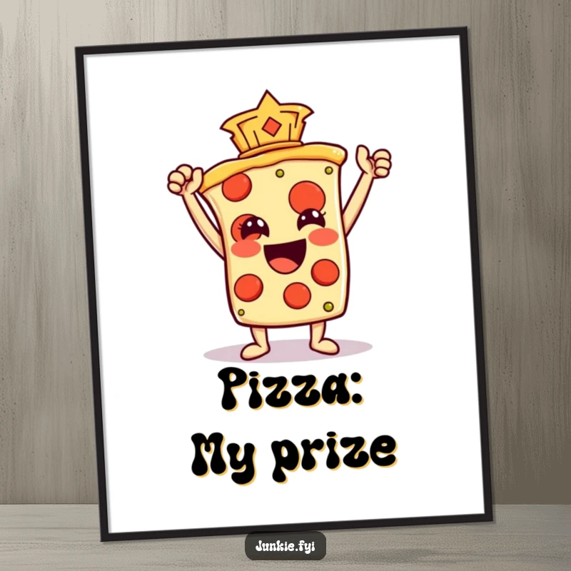 Funny Digital Art Print of a pizza slice character holding a pepperoni like a trophy, capturing a moment of cheesy celebration.