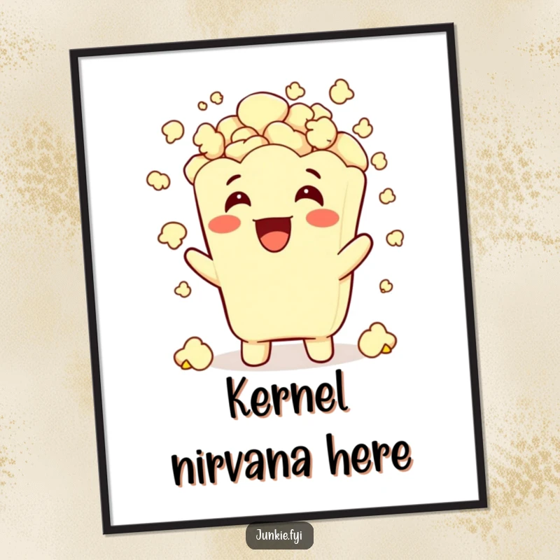 Funny popcorn character excitedly showering itself with popcorn, available as a downloadable art print for humor.