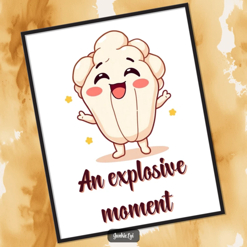 Funny popcorn kernel character giggling and bursting with joy in a digital art print, conveying vibrant happiness.