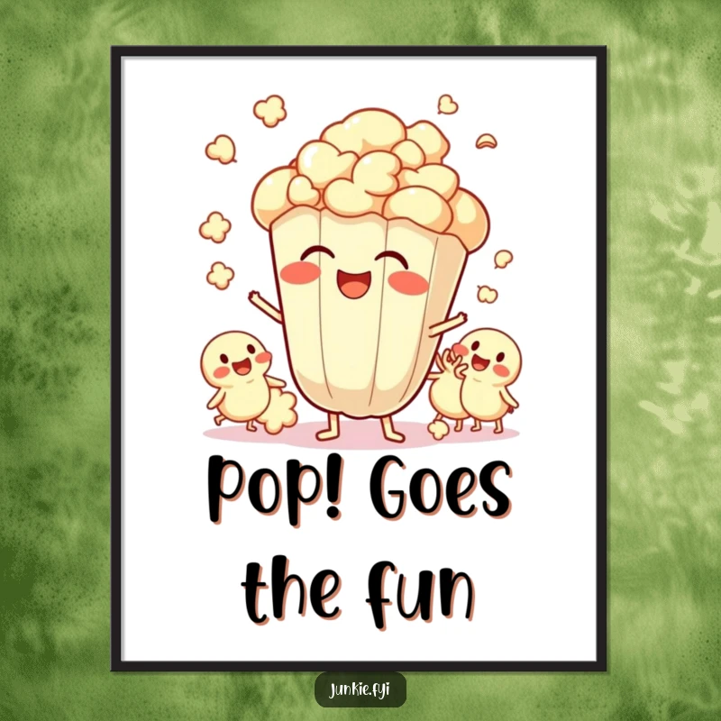 Funny Digital Art Print of a giggling popcorn kernel surrounded by popping friends, capturing a moment of shared excitement.