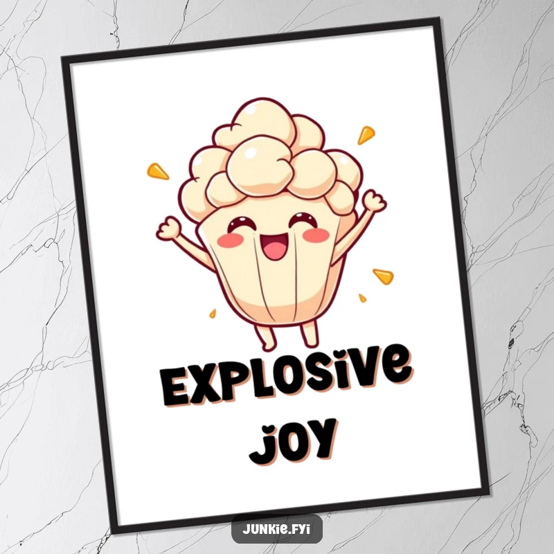 Funny popcorn kernel digital art print, bursting with energetic joy and playful character, instant download for decor.