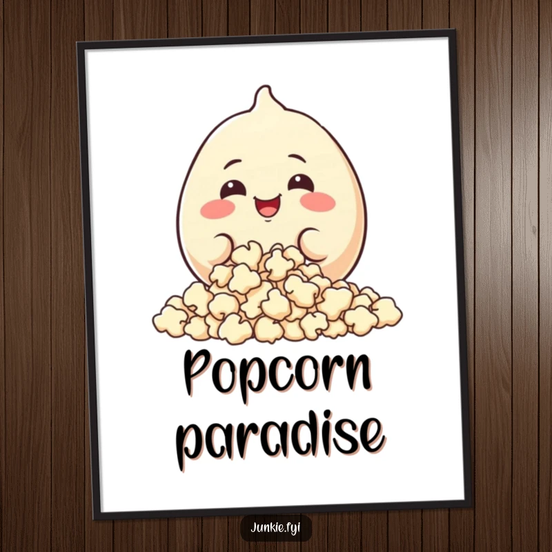 Funny Digital Art Print: A plump food character with a wide, happy grin joyfully munches on a large pile of popcorn.