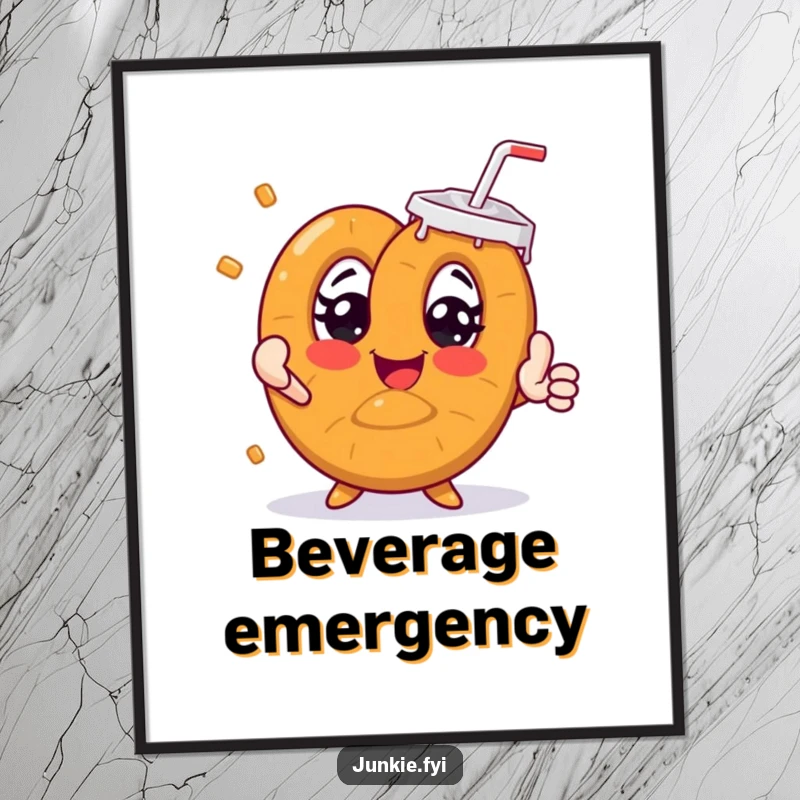 Funny pretzel character with wide eyes reaching for a giant soda, as a digital art print.