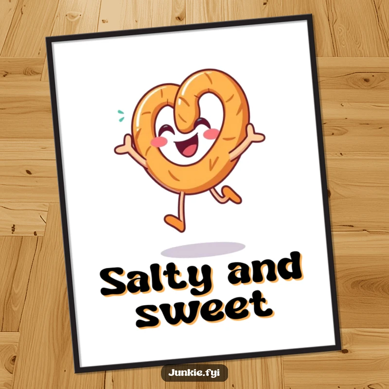 Funny pretzel digital art, a smiling character joyfully jumping with a sprinkle of salt, vibrant and appetizing printable.