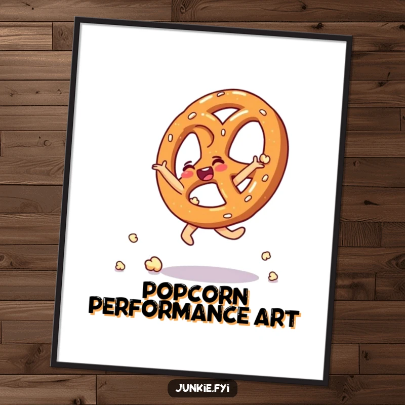 Funny digital art print of a thrilled pretzel doing a cartwheel made of popcorn kernels.