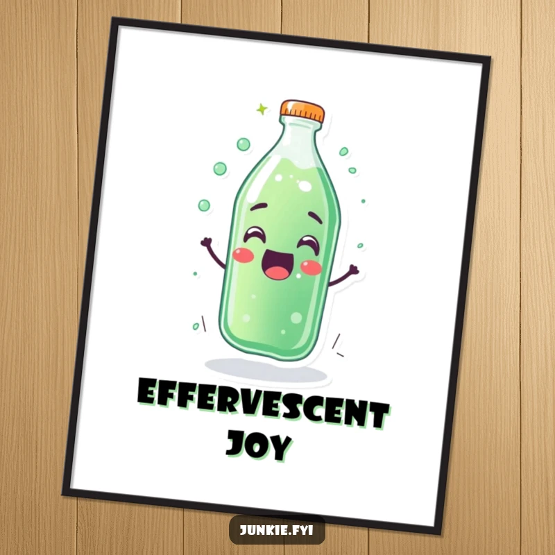 Funny digital art print: a thrilled soda bottle character fizzing energetically with happiness. Instant humorous decor.