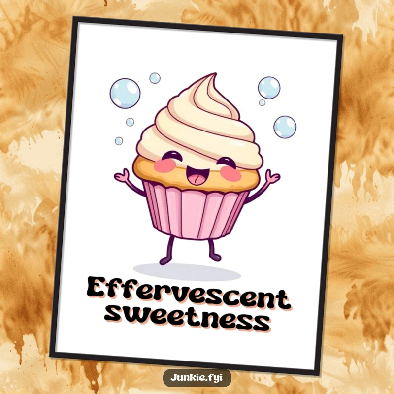 Funny Digital Art Print: A spunky cupcake with legs blows colorful bubbles, a whimsical and downloadable illustration.