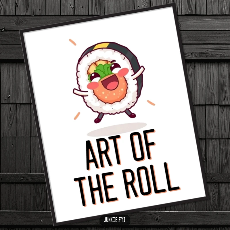 Funny sushi roll digital art print, captured mid-cartwheel with glee, a whimsical and downloadable piece of food art.