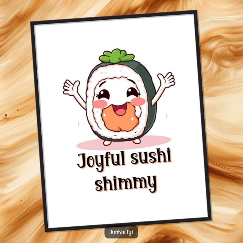 Funny Digital Art Print of a smiling sushi roll with arms doing a joyful shimmy, bringing animated fun to any decor.