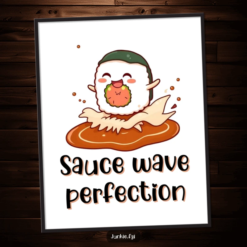 Funny digital art print of a giggling sushi roll character riding a soy sauce wave, perfect for instant download and foodie decor.