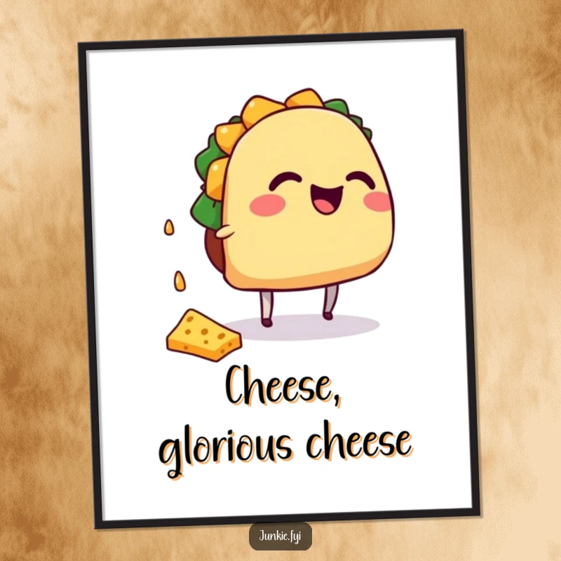 Funny giggling taco character with tiny legs catching falling cheese, as digital art.