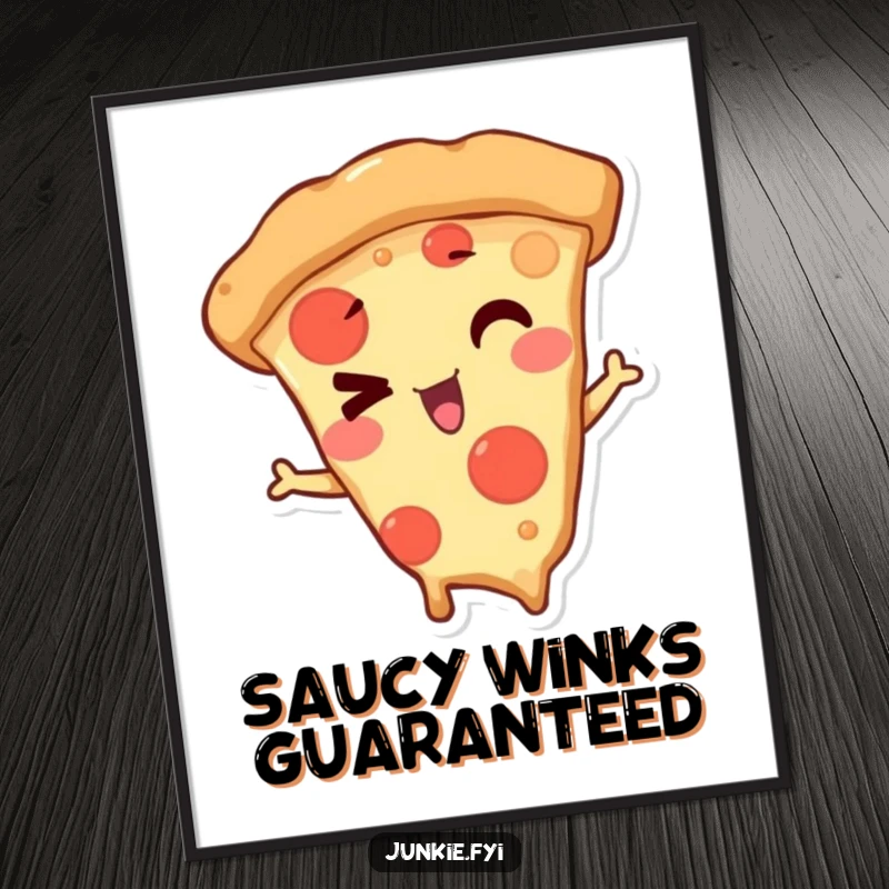 Funny Digital Art Print of a mischievous pizza slice character giving a playful wink, ready to add humor to any wall.