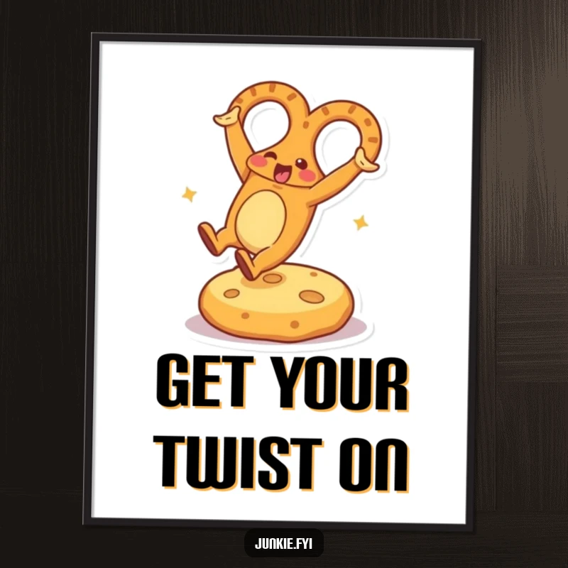 Funny Digital Art Print of an energetic pretzel character doing a joyful cartwheel on a cheese cushion, a burst of playful decoration.