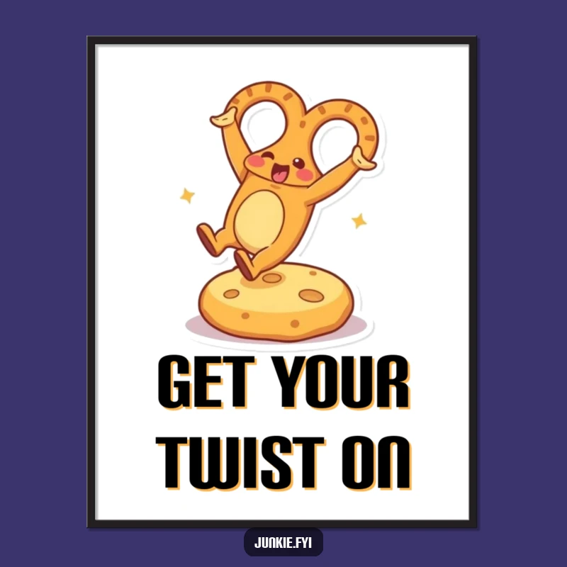 Funny Pretzel Cartwheel Digital Art: Energetic Snack Character on Cheese Cushion, Perfect Funny Gift