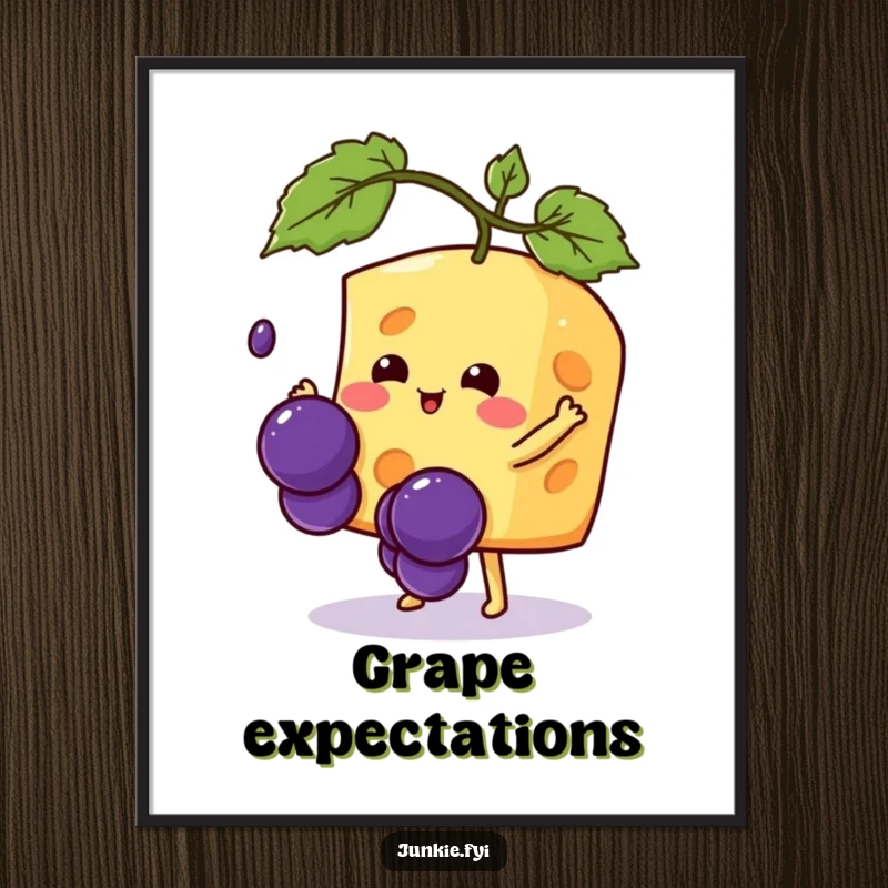 Funny Kawaii cheese character joyfully reaching for a falling grape, a downloadable digital art print for humorous decor.